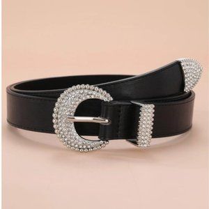 Vegan Black Leather Rhinestone Round Buckle Belt